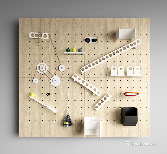 Wooden Pegboard Wall Decor With Shelves Hooks And Small Organizing Items 3d model 