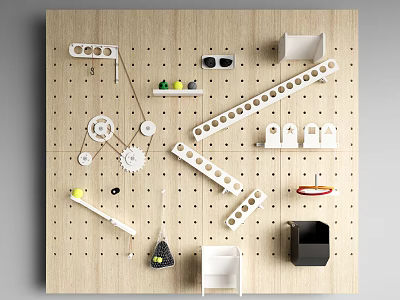 Wooden Pegboard Wall Decor With Shelves Hooks And Small Organizing Items 3d model