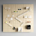 Wooden Pegboard Wall Decor With Shelves Hooks And Small Organizing Items