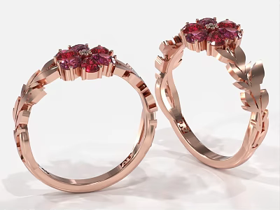 Rose Gold Rings With Red Gemstones And Intricate Leaf Design Details 3d model