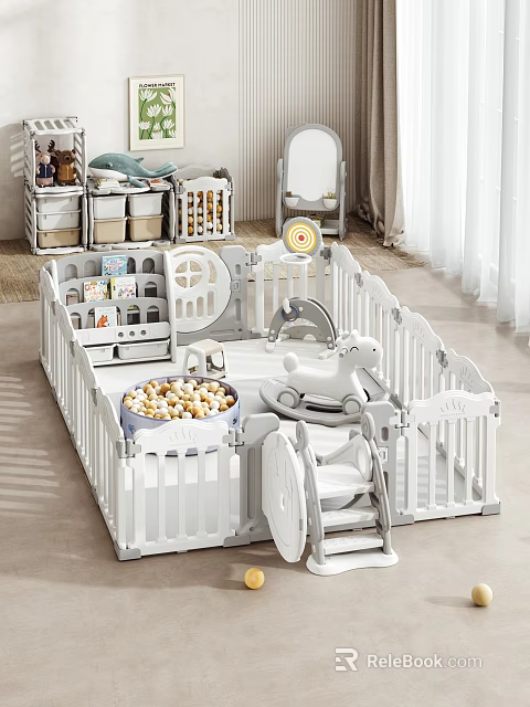 Cozy Living Room With White Baby Playpen Ball Pit Rocking Horse Toys And Storage Bins 3d model 