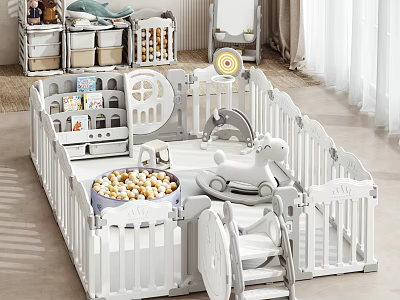 Cozy Living Room With White Baby Playpen Ball Pit Rocking Horse Toys And Storage Bins 3d model