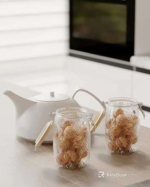 White Teapot With Handle And Two Glass Jars Filled With Cookies On Table 3d model 