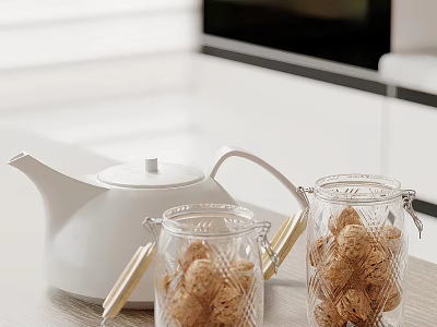 White Teapot With Handle And Two Glass Jars Filled With Cookies On Table 3d model