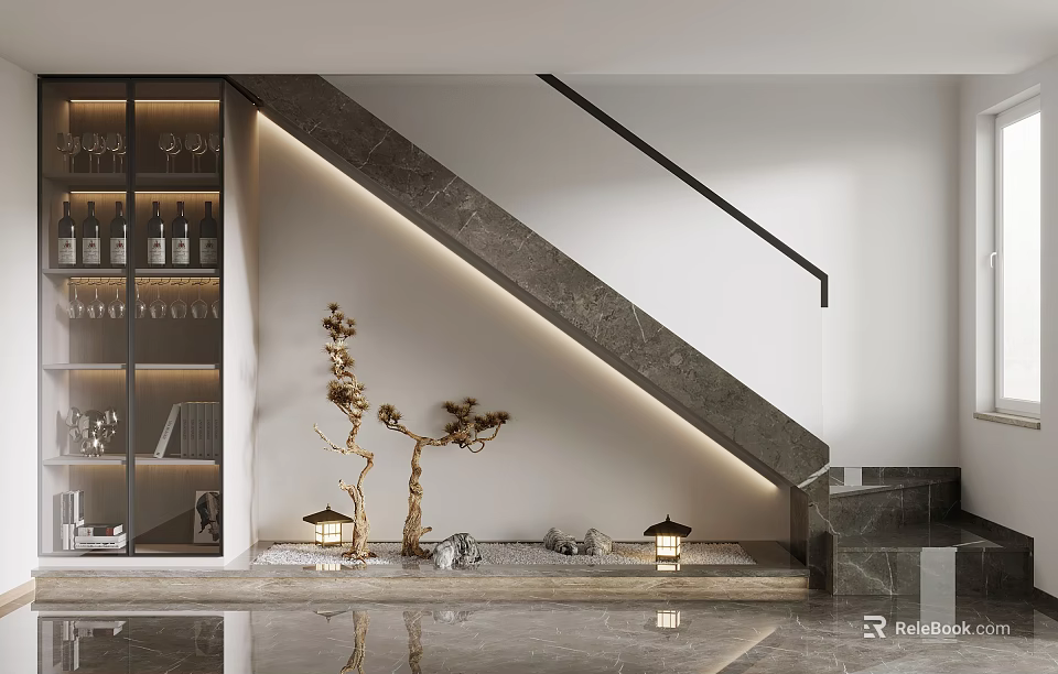Modern Staircase Space With Marble Lighting Decorative Trees And Wine Cabinet 3d model