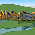 Modern Pavilion Design With Geometric Structure Glass Facade And Waterfront Green Area