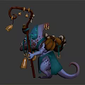 Fantasy Teal Creature Character With Purple Snout Claws Carrying Bag And Holding Bell Staff