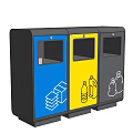 Public Recycling Bins As Public Facility With Blue Yellow Gray Compartments For Paper Bottles And Waste Sorting