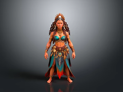 Tribal Style Female Warrior Headwear Skeleton Feather Skirt Necklace Arm Ring Ankle Bracelet Battle Skirt Role Game Character Ancient Woman 3d model