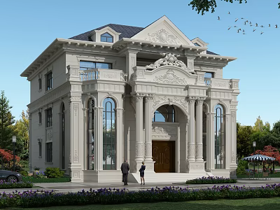 Elegant Detached Villa Exterior With Classical Carvings Columns And Lush Garden 3d model