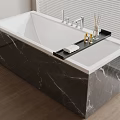 Sleek Black Marble Freestanding Bathtub With Black Tray And Toiletries Near Window With Blinds