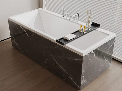 Sleek Black Marble Freestanding Bathtub With Black Tray And Toiletries Near Window With Blinds 3d model