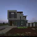 Modern Single Family House Two-Story Facade With Large Glass Windows Landscaped Garden And Stone Steps