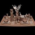 Elegant Decorative Ornament Set With Silver Gold Dinnerware Vase Wine Glasses Green Plant Marble Tabletop