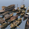Various Types of Traditional Wooden Boats Floating on Calm Water with Unique Designs