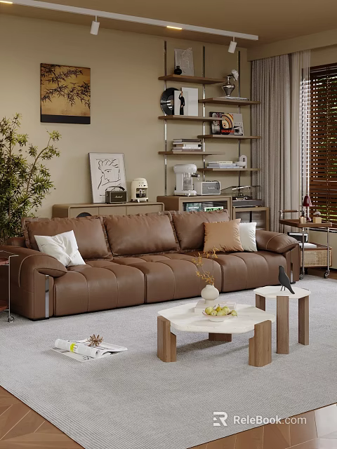 Cozy Bedroom Interior With Brown Leather Sofa Throw Pillows Wooden Coffee Table And Green Plant 3d model 