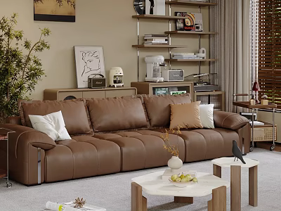 Cozy Bedroom Interior With Brown Leather Sofa Throw Pillows Wooden Coffee Table And Green Plant 3d model