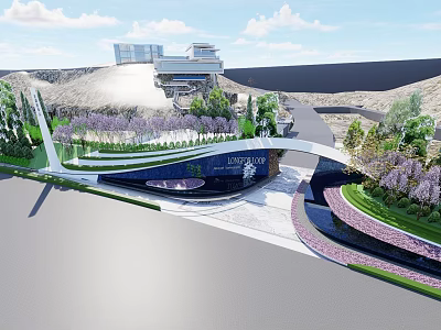 Modern Entrance Gate With Greenery Purple Flowers Trees And Longfayuan Signage 3d model