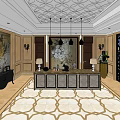 Luxurious Storefront Reception Space With Chandelier Sofas Coffee Tables And Decorative Painting