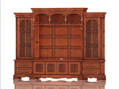 Elegant Traditional Solid Wood Bookcase with Arched Top Open Shelves Glass Doors and Drawer Cabinets 3d model