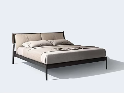 Modern Double Bed with Upholstered Headboard Black Frame and Light Colored Mattress 3d model