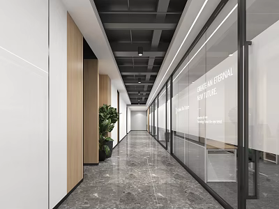 Modern Office Corridor Interior With Glass Partitions Wooden Walls Green Plant And Gray Marble Flooring 3d model