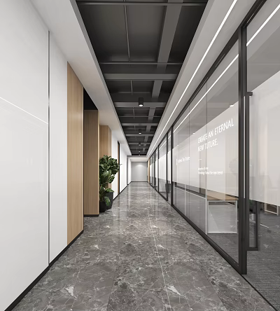 Modern Office Corridor Interior With Glass Partitions Wooden Walls Green Plant And Gray Marble Flooring 3d model