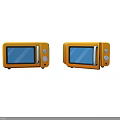 Two Compact Yellow Microwave Ovens With Open And Closed Door Design