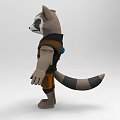 Tech Exhibition Hall Featuring Anthropomorphic Raccoon 3D Model With Orange Armor And Brown Outfit