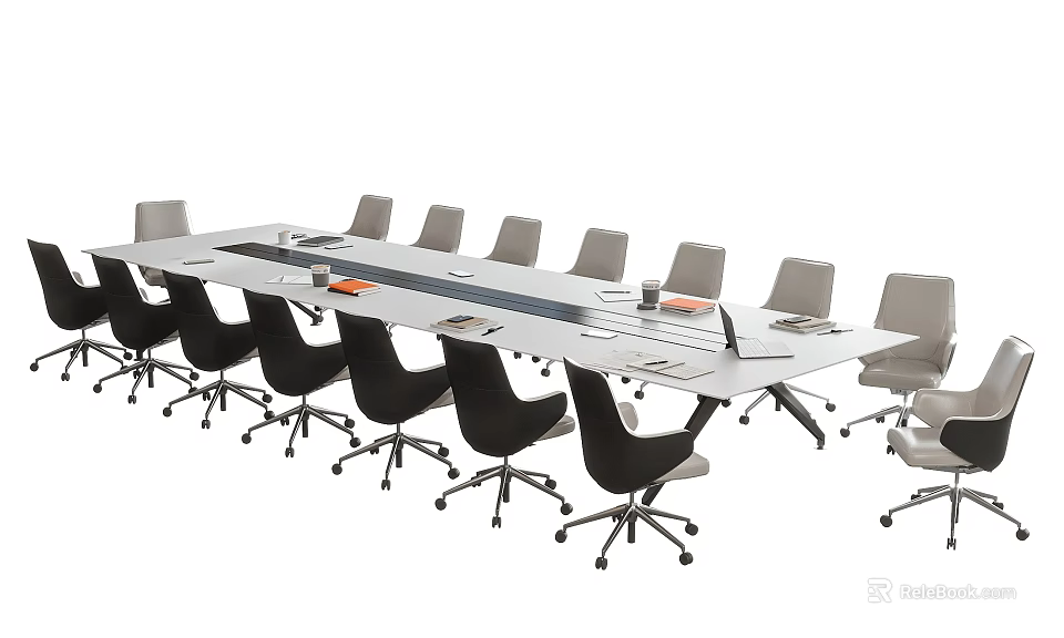 Modern Rectangular Conference Table With Multiple Black And Gray Swivel Chairs 3d model