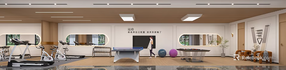 Spacious Fitness Workout Room With Table Tennis Table Dumbbell Rack And Colored Fitness Balls 3d model 