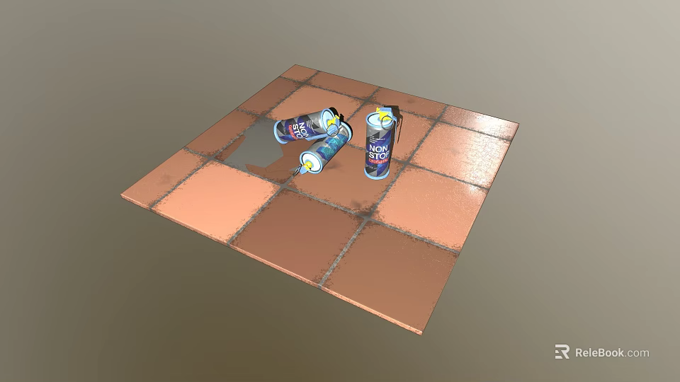 Two Tipped Over Spray Cans On Copper Tiled Floor With Liquid Spill 3d model 