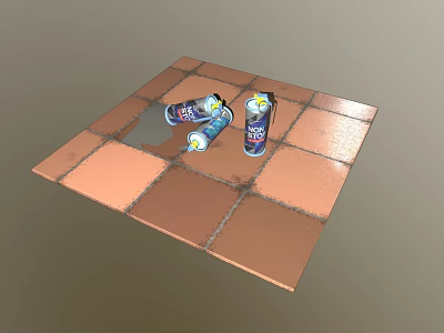 Two Tipped Over Spray Cans On Copper Tiled Floor With Liquid Spill 3d model