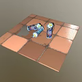 Two Tipped Over Spray Cans On Copper Tiled Floor With Liquid Spill