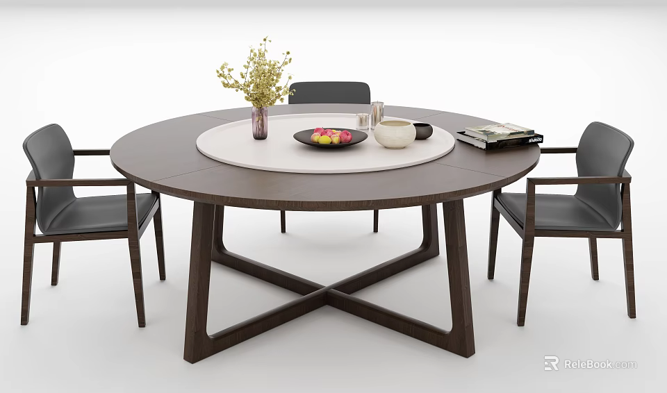 Round Wooden Dining Table Set with Black Leather Chairs White Lazy Susan Vase Fruit Plate 3d model 