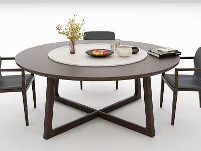 Round Wooden Dining Table Set with Black Leather Chairs White Lazy Susan Vase Fruit Plate 3d model