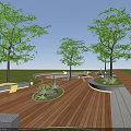 Scenic Park Landscape With Wooden Walkway Green Trees Benches And Circular Flower Beds
