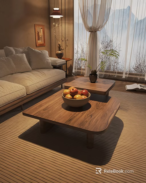 Modern Wooden Coffee Table In Living Room With Fruit Bowl And Sofa 3d model 
