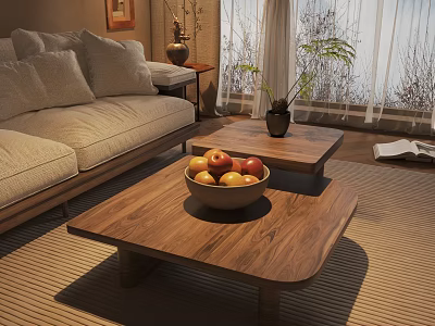 Modern Wooden Coffee Table In Living Room With Fruit Bowl And Sofa 3d model