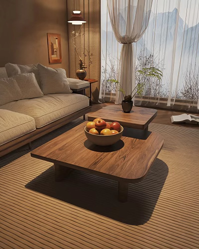 Modern Wooden Coffee Table In Living Room With Fruit Bowl And Sofa 3d model