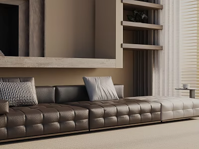 Three Seater Leather Sofa With Button Tufted Design In Modern Living Room Interior 3d model