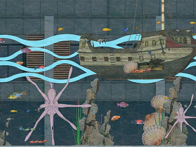 Underwater Scenery With Sunken Ship Pink Octopus Colorful Fish Seashells And Waves 3d model