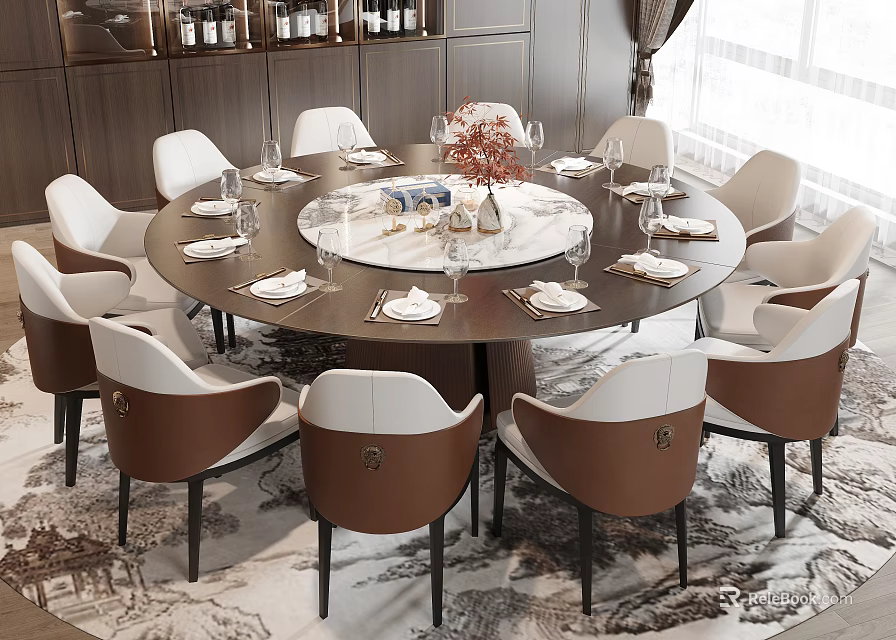 Modern Round Dining Table Set With White Brown Chairs Tableware And Flower Vase 3d model 