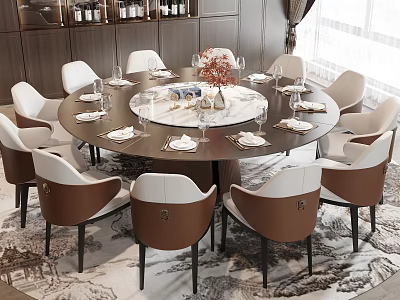 Modern Round Dining Table Set With White Brown Chairs Tableware And Flower Vase 3d model