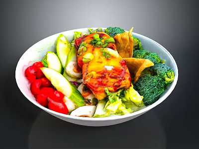 Healthy Fresh Food Bowl With Grilled Chicken Broccoli Red Bell Peppers And Crispy Tortilla Strips 3d model