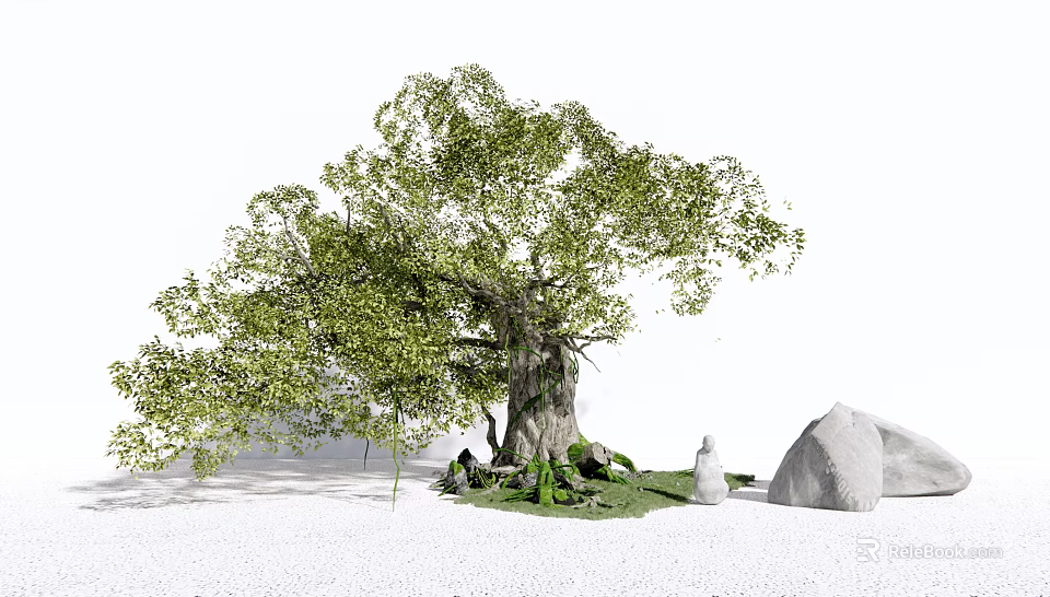 Tall Arbor With Thick Trunk Green Leaves And Stones On Grass 3d model 