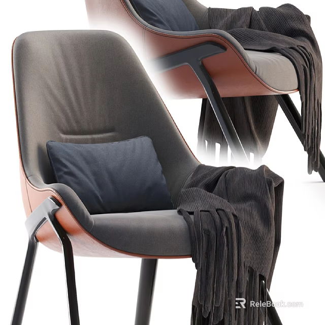 Gray and Brown Leisure Chair with Soft Cushion Cozy Blanket and Black Legs 3d model 