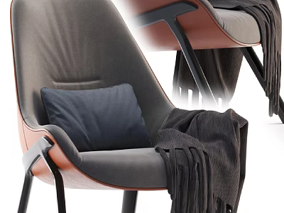 Gray and Brown Leisure Chair with Soft Cushion Cozy Blanket and Black Legs 3d model