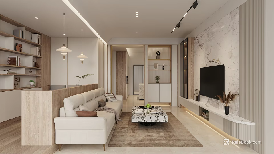 Modern Soft Tone Living Room Interior Design With Marble TV Wall And Comfortable Sofa 3d model 