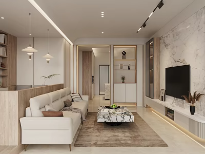 Modern Soft Tone Living Room Interior Design With Marble TV Wall And Comfortable Sofa 3d model